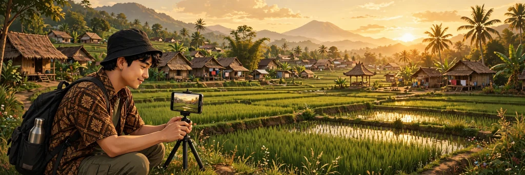 Kreator konten desa merekam video di sawah