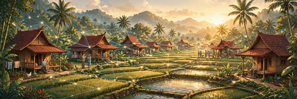 Desa Indonesia di senja hari yang terhubung jaringan digital