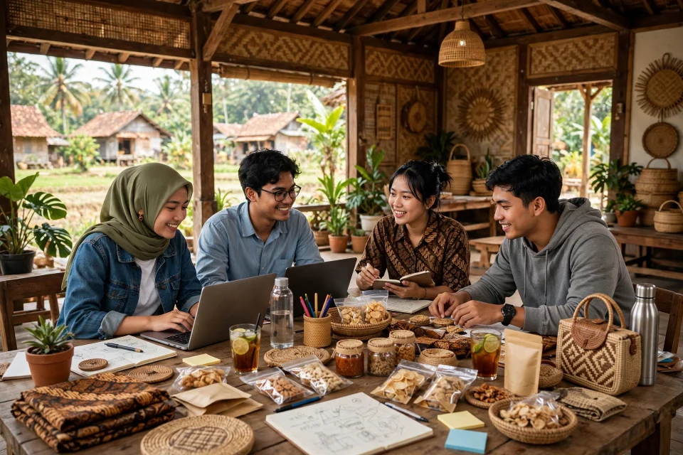Wirausahawan muda desa bekerja bersama di ruang kerja inkubator bisnis desa