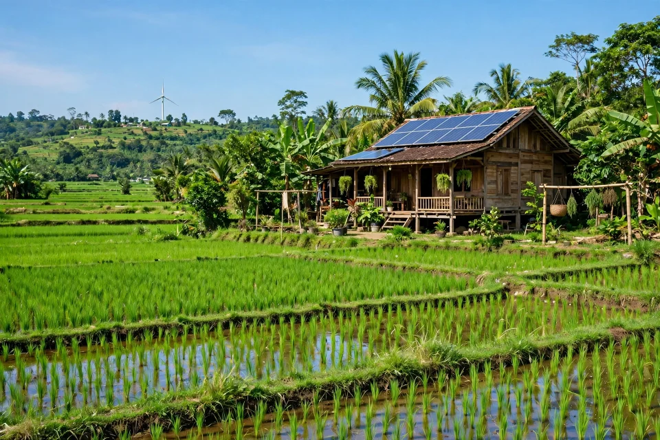 Panel surya di atap rumah desa Indonesia dengan kincir angin dan sawah hijau