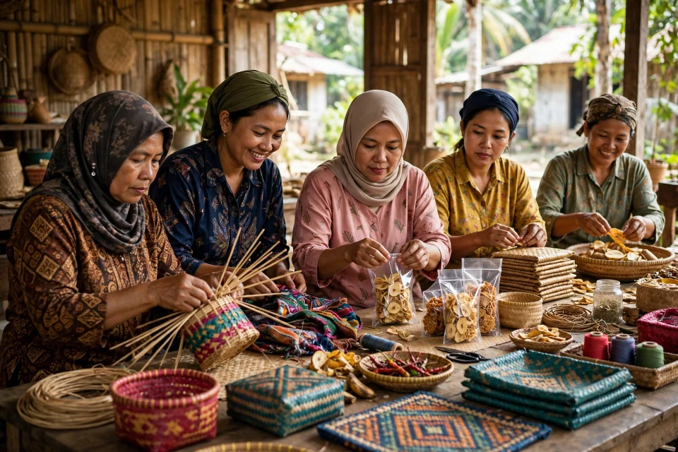 Perempuan desa bekerja bersama di usaha kerajinan dan olahan pangan