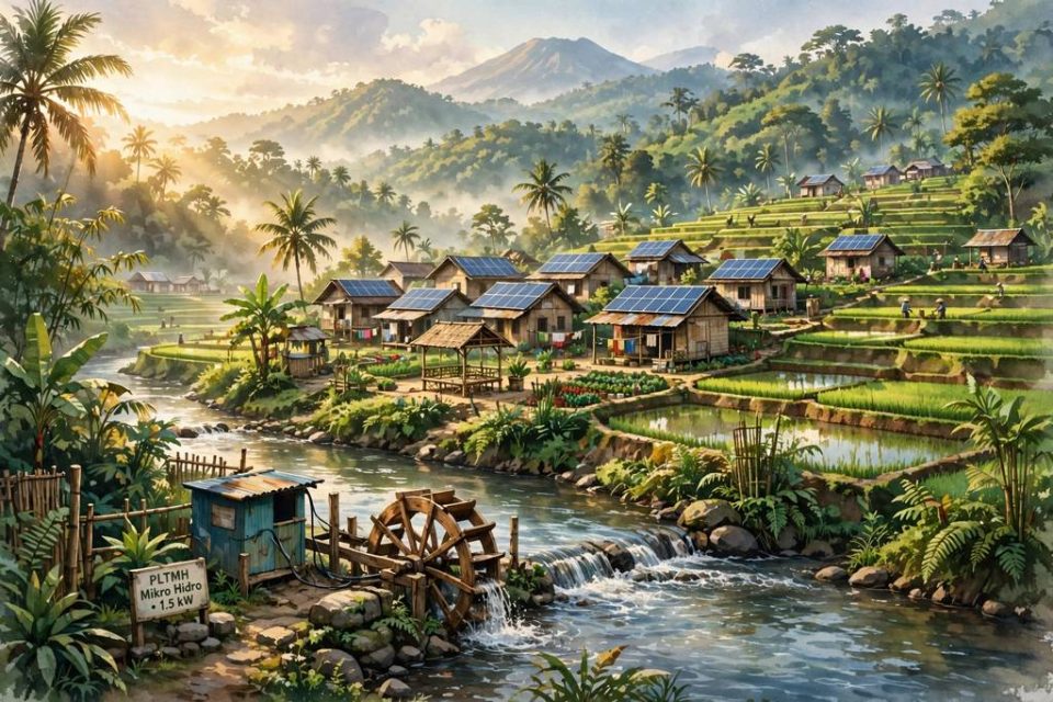 Ilustrasi desa Indonesia dengan panel surya di atap rumah dan kincir air mikrohidro di sungai