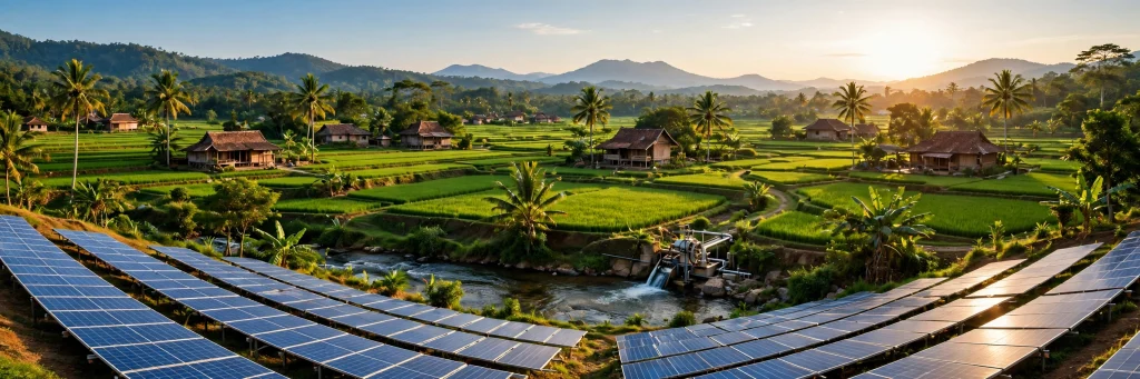 Desa di Indonesia dengan panel surya dan pembangkit mikrohidro di tepi sawah