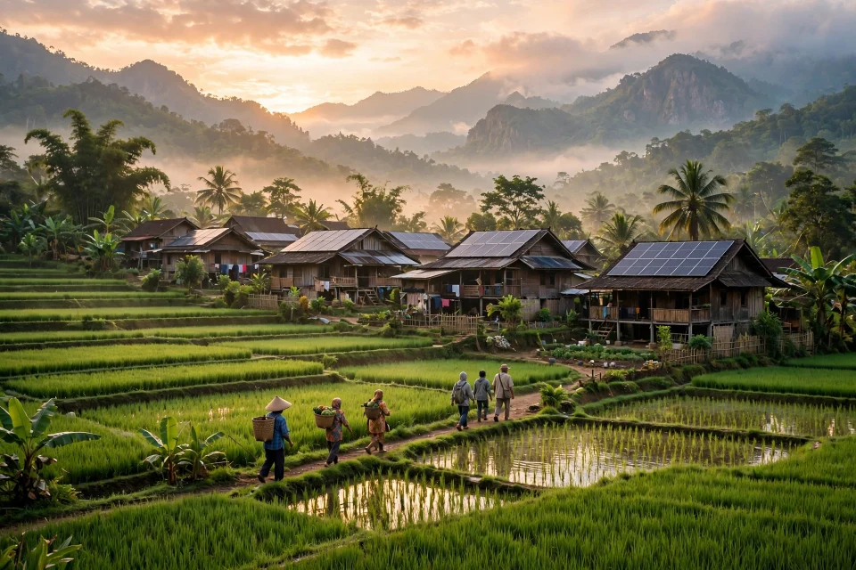 Panel surya di atap rumah desa saat matahari terbit