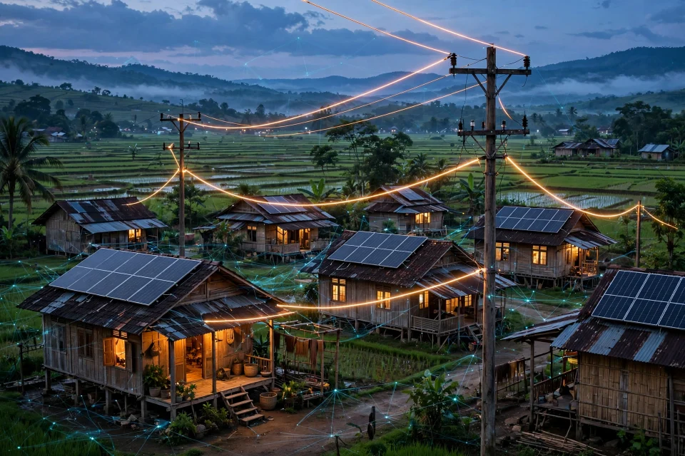 Ilustrasi desa dengan panel surya dan jaringan listrik pintar (smart grid)