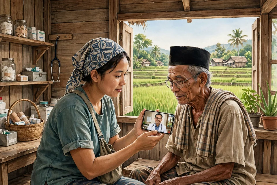 Kader kesehatan desa membantu warga lanjut usia berkonsultasi dengan dokter lewat panggilan video