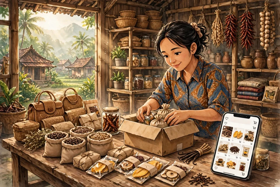 Pelaku UMKM desa mengemas produk lokal sambil mengelola toko online lewat ponsel