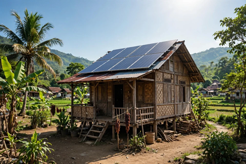 Panel surya di atas atap rumah desa