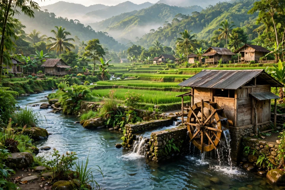 Pembangkit listrik tenaga mikrohidro (PLTMH) di tepi sungai desa