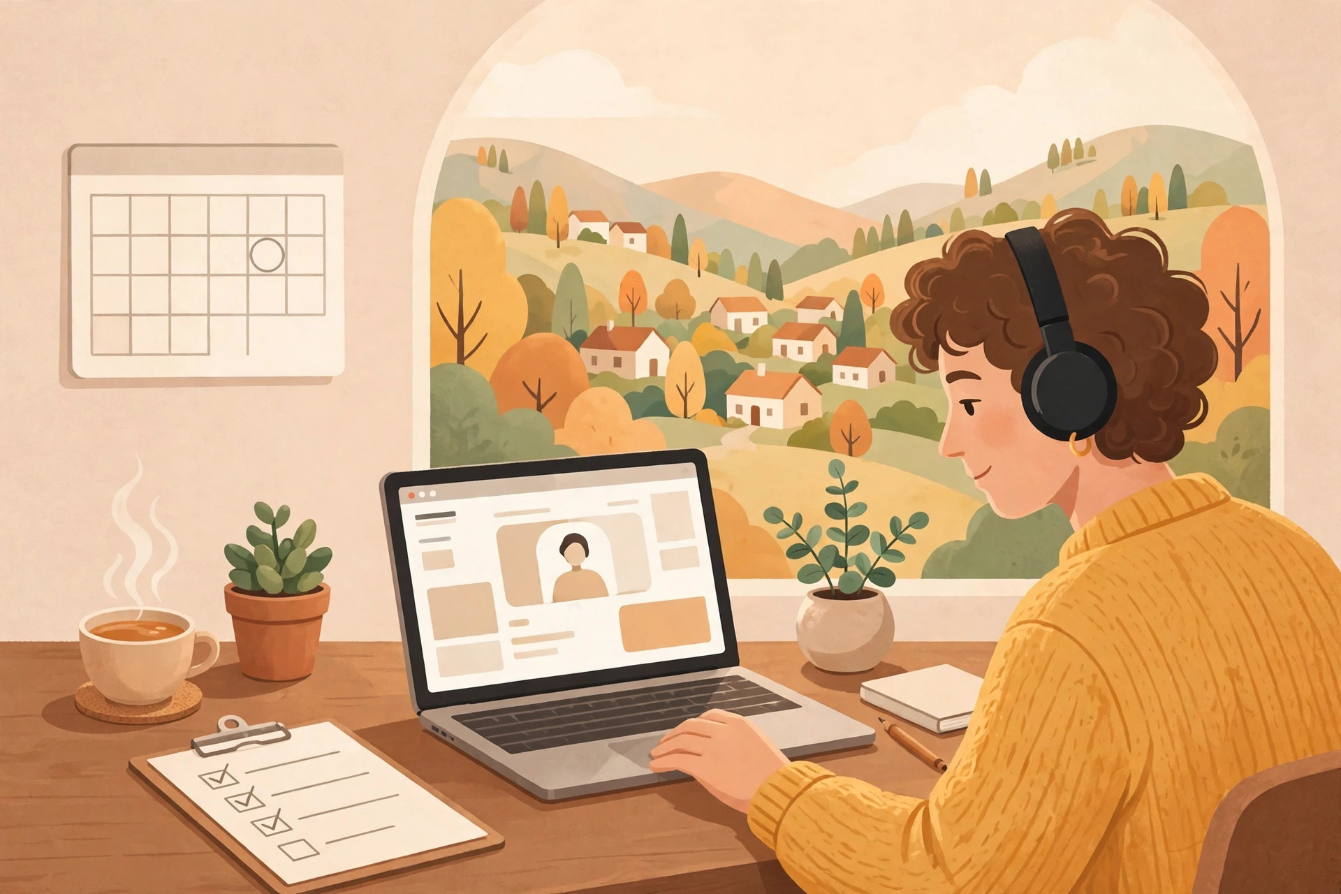Ilustrasi belajar online dengan laptop, daftar tugas, dan kalender belajar