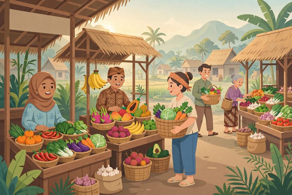 Ilustrasi pasar tradisional desa yang ramai dan hangat