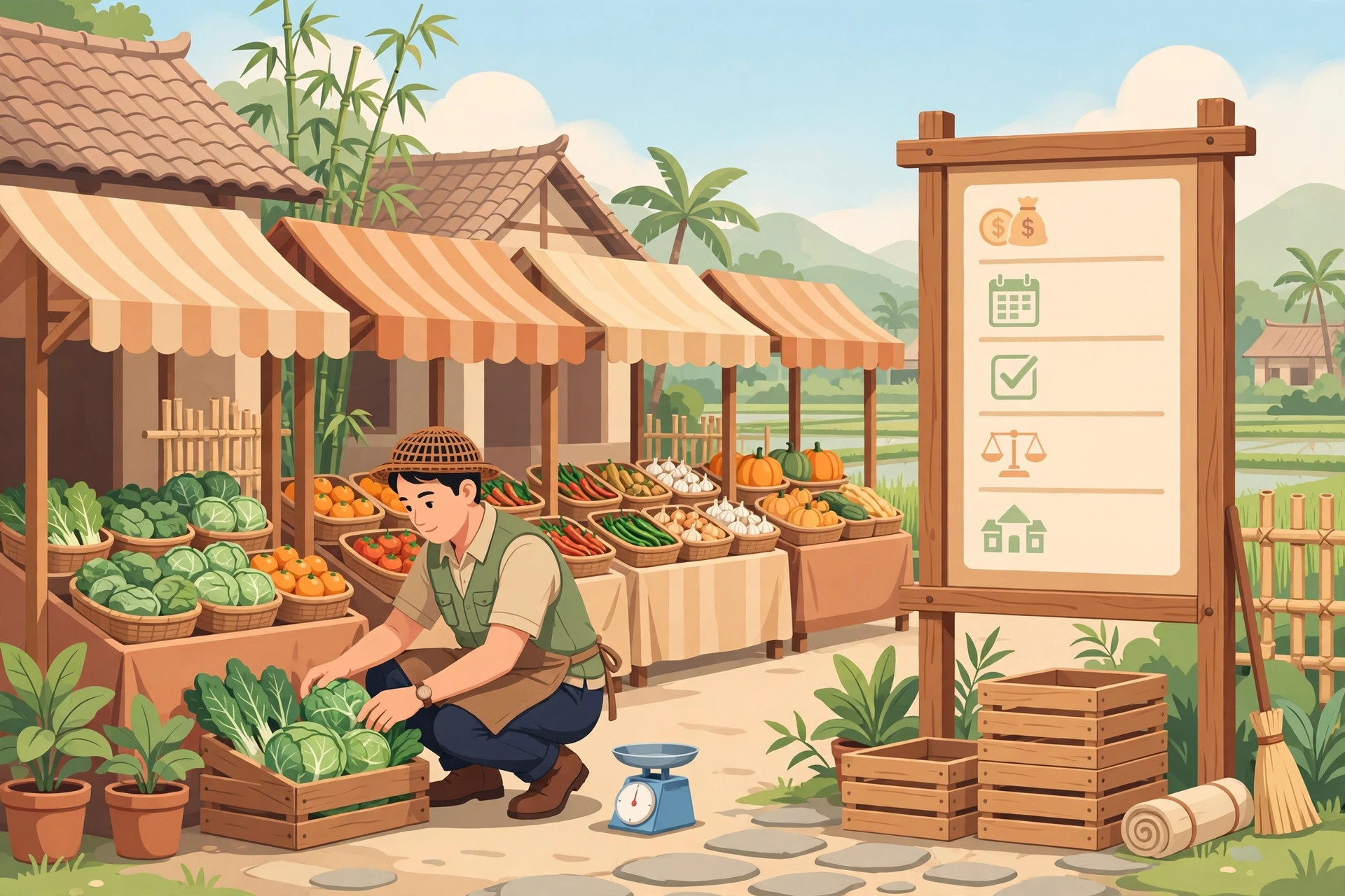 Ilustrasi pengelola pasar menata lapak pedagang dengan rapi