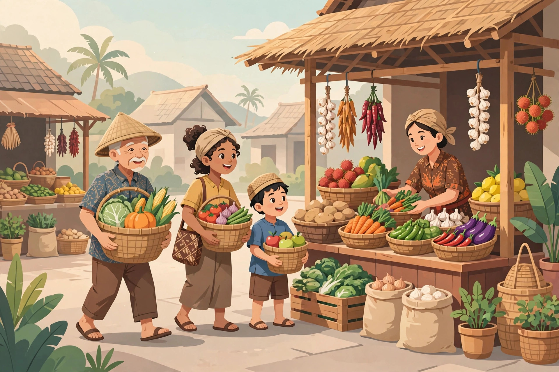Ilustrasi warga desa berbelanja di pasar tradisional yang bersih