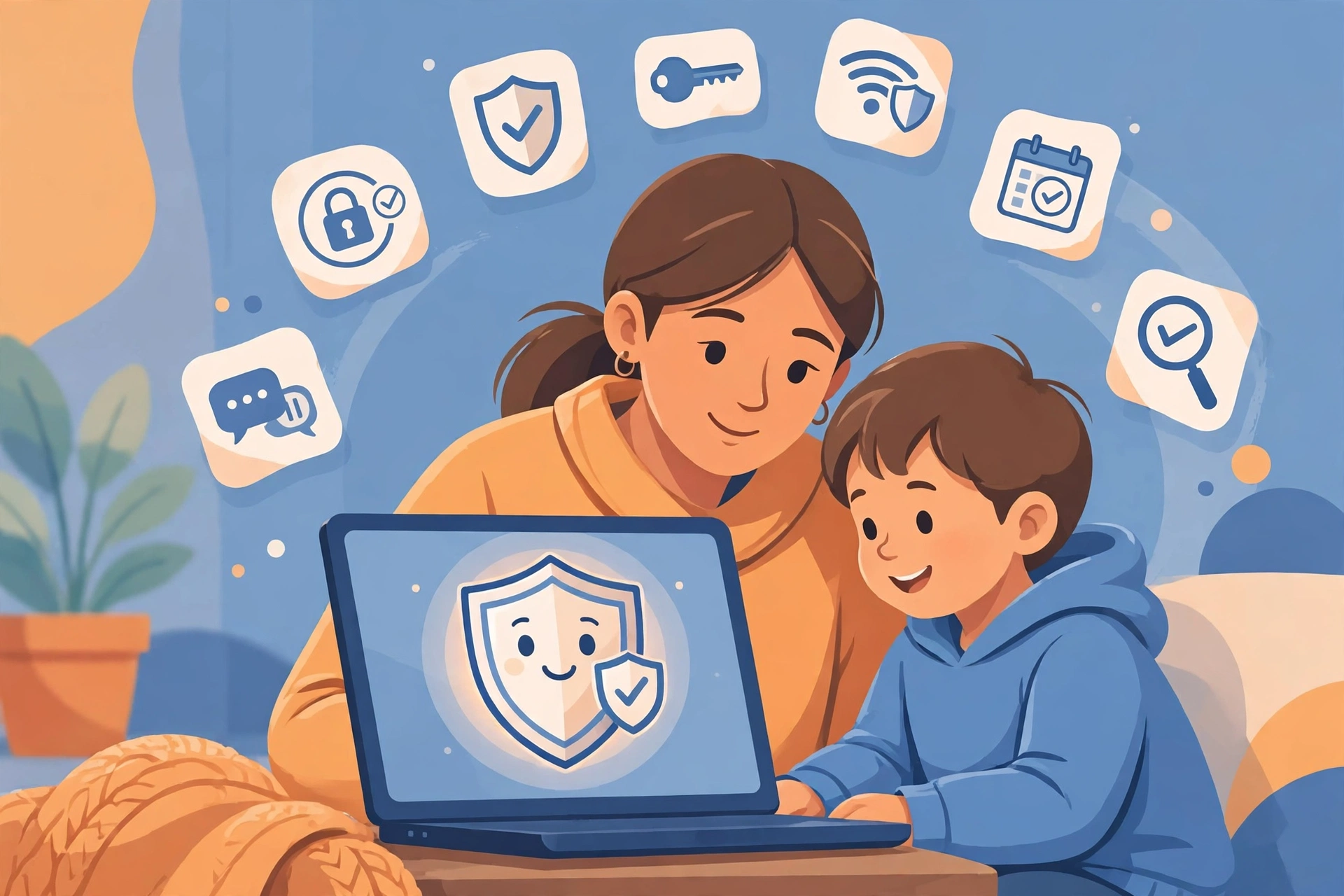 Ilustrasi orang tua dan anak belajar internet aman bersama