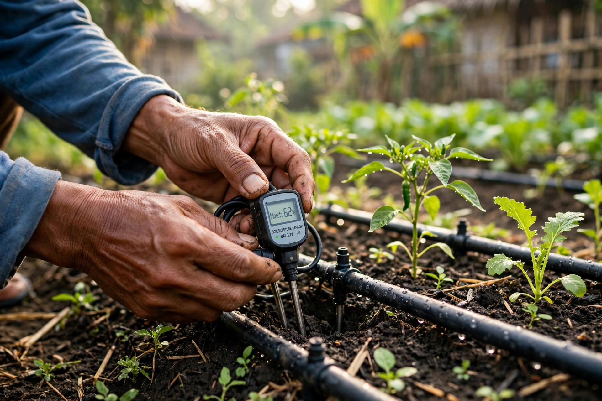 Sensor kelembapan tanah dan pipa irigasi tetes di kebun desa
