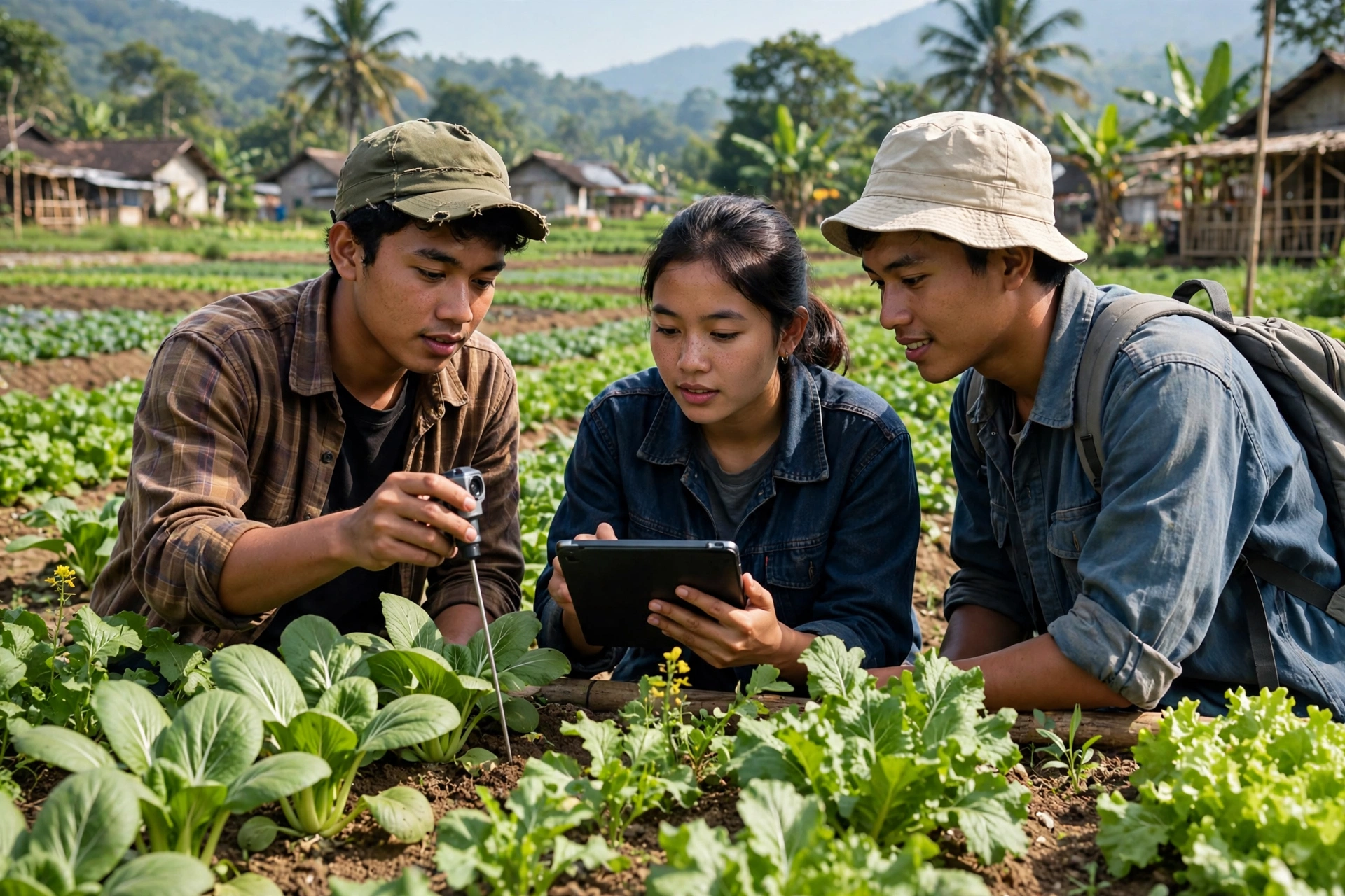 Petani muda memeriksa tanaman dengan perangkat sensor di lahan