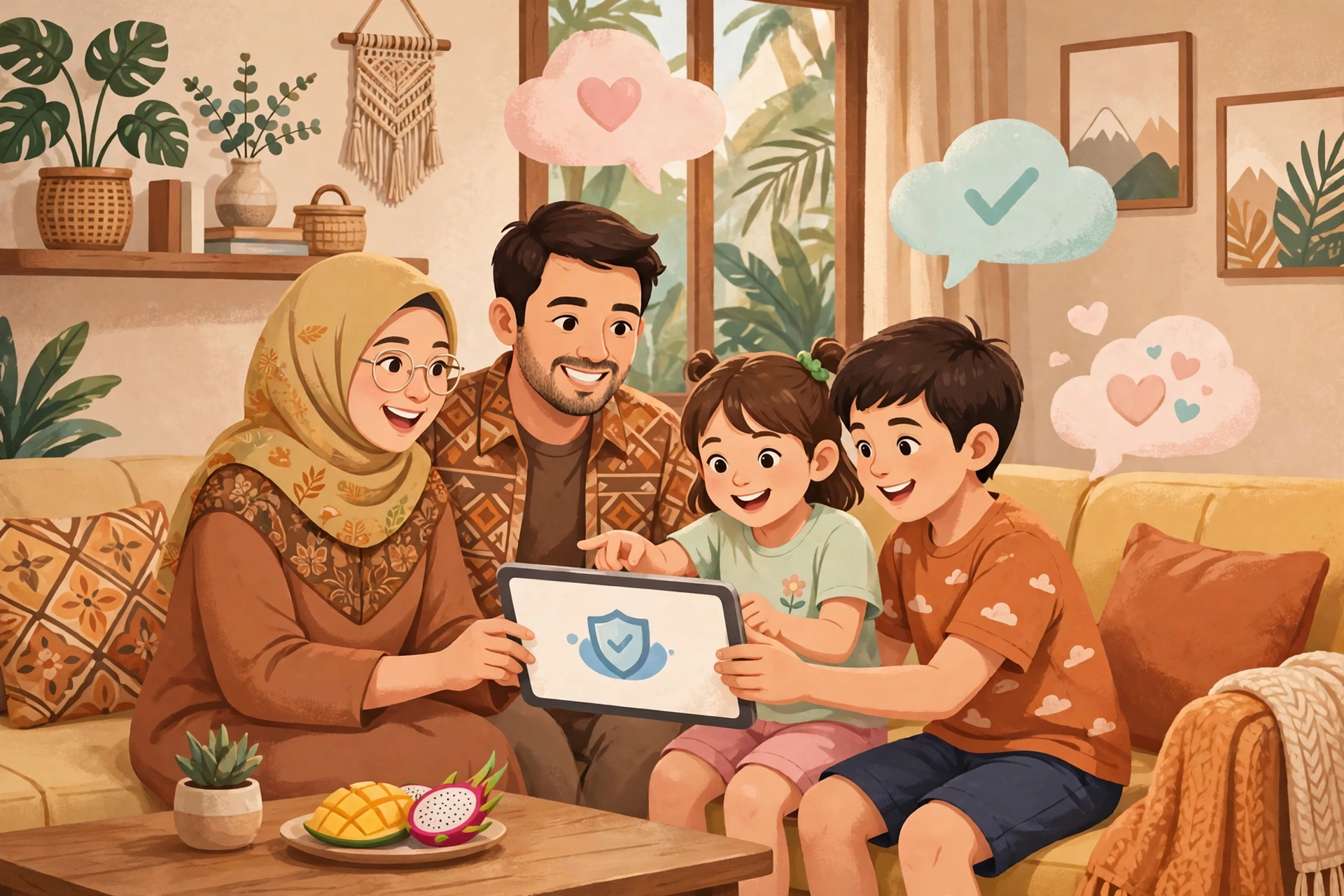 Keluarga berdiskusi dengan hangat sambil melihat tablet bersama di ruang keluarga