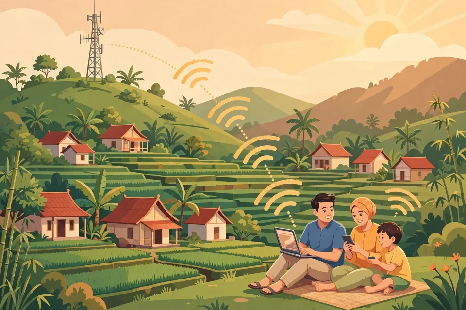 Antena internet di desa dengan menara sinyal di atas bukit hijau