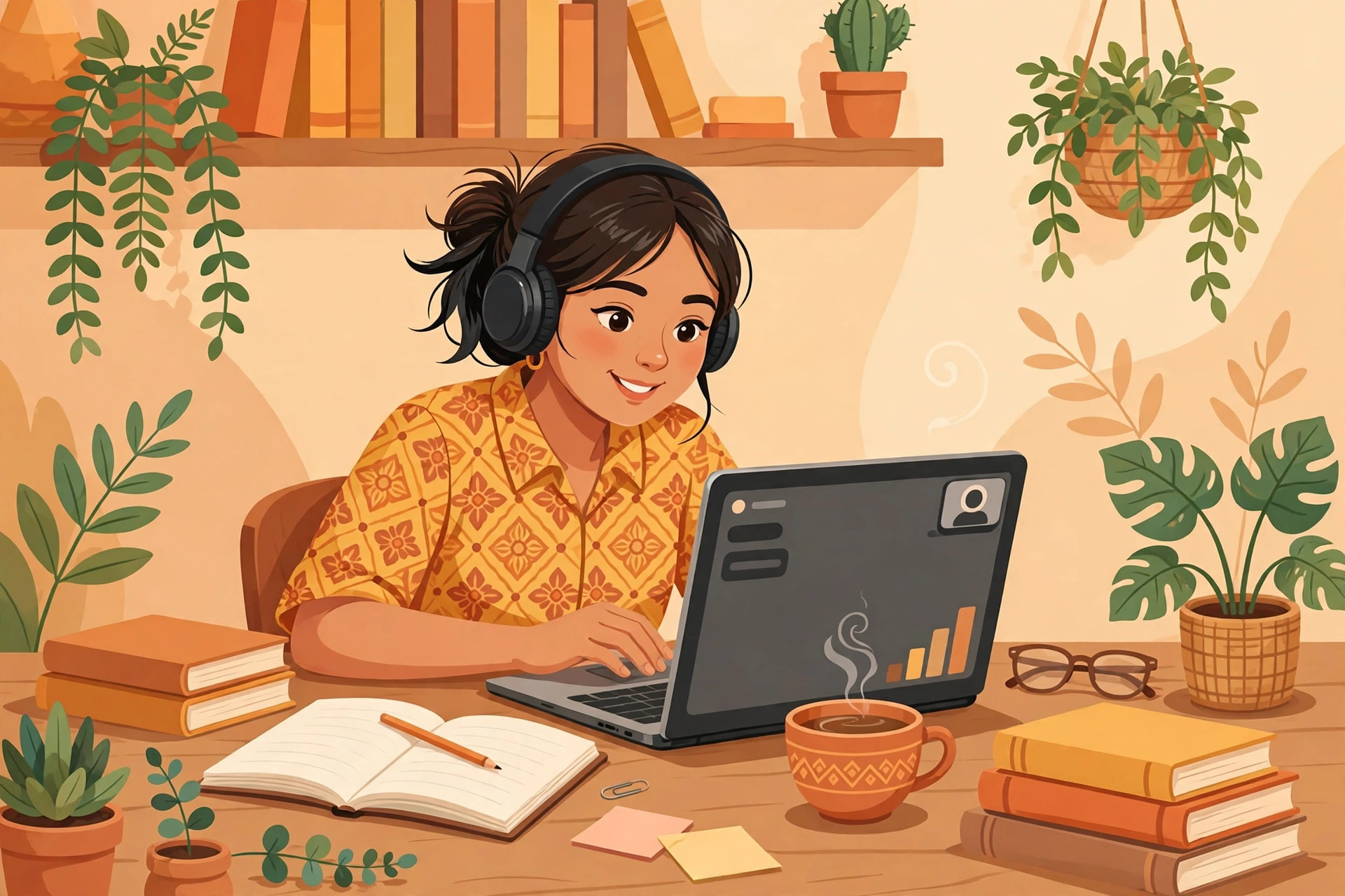 Perempuan muda belajar online lewat laptop di rumah
