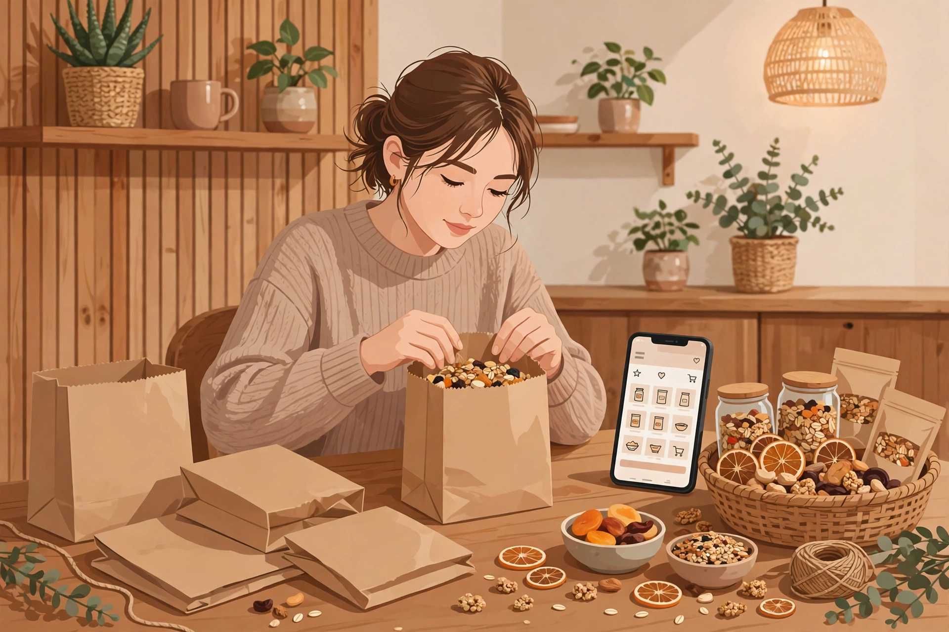Ilustrasi usaha rumahan mengemas jajanan sambil berjualan online lewat ponsel