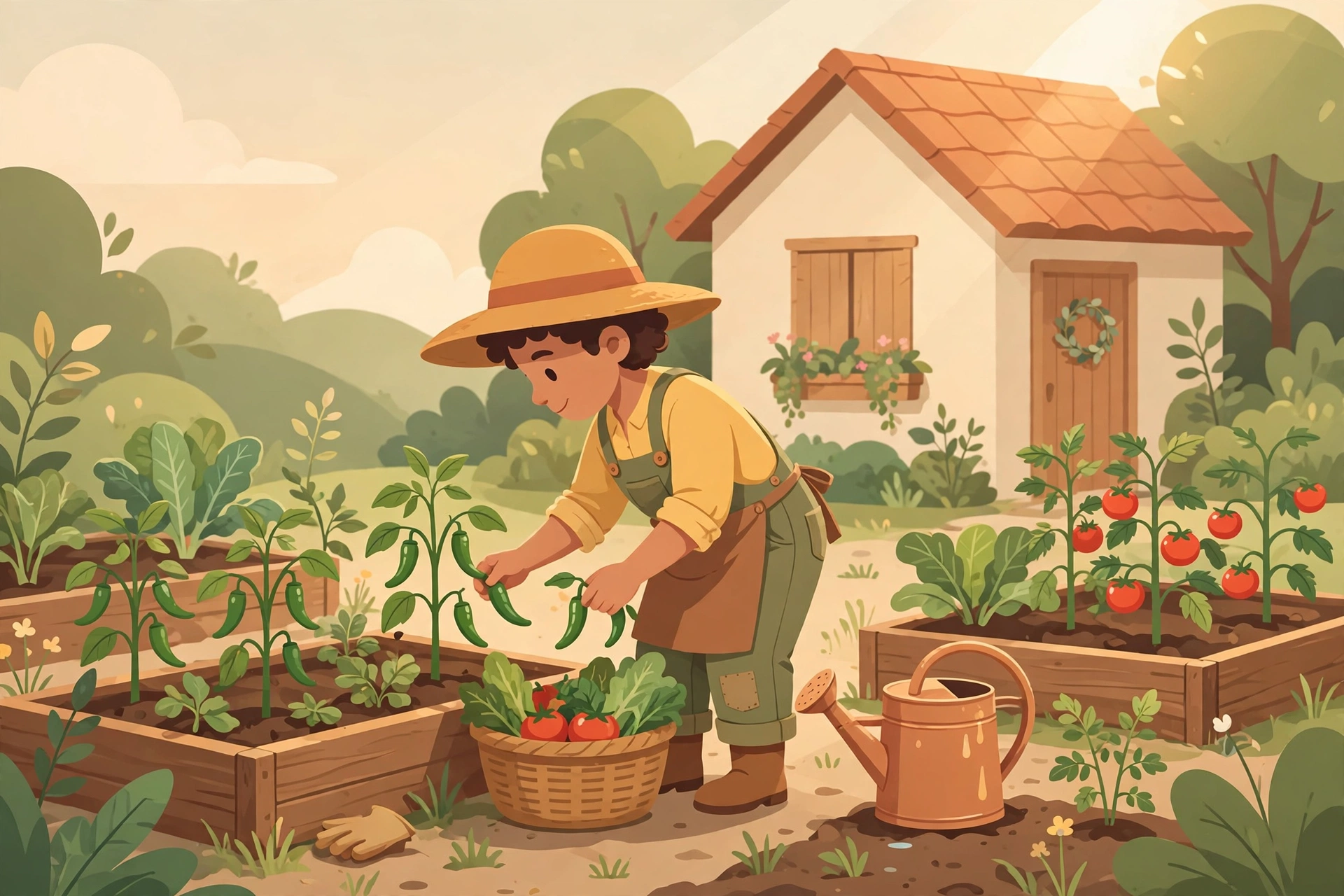 Ilustrasi panen sayuran di kebun pekarangan rumah desa