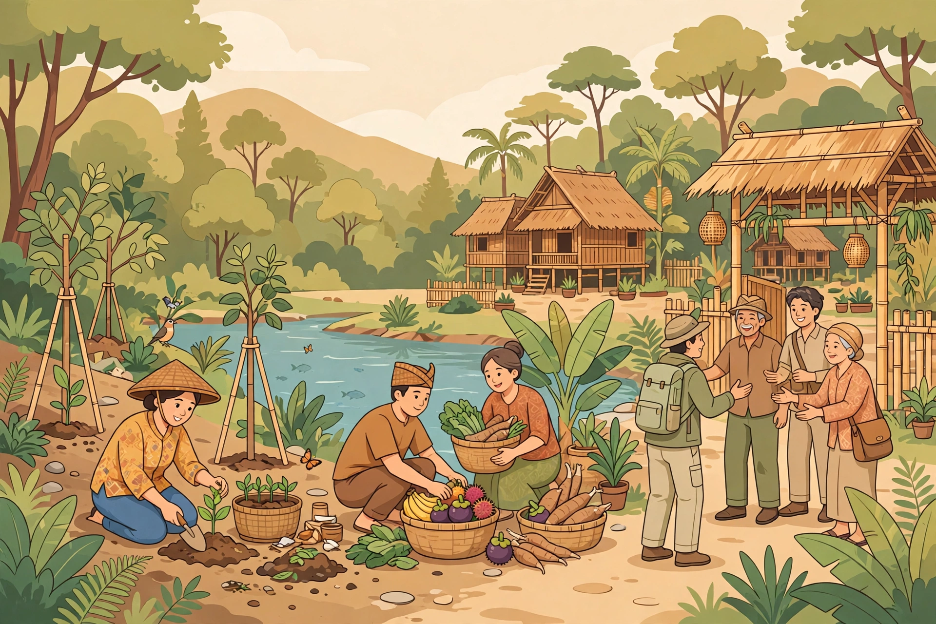 Ilustrasi warga desa mengelola hutan, sungai, dan wisata desa secara lestari