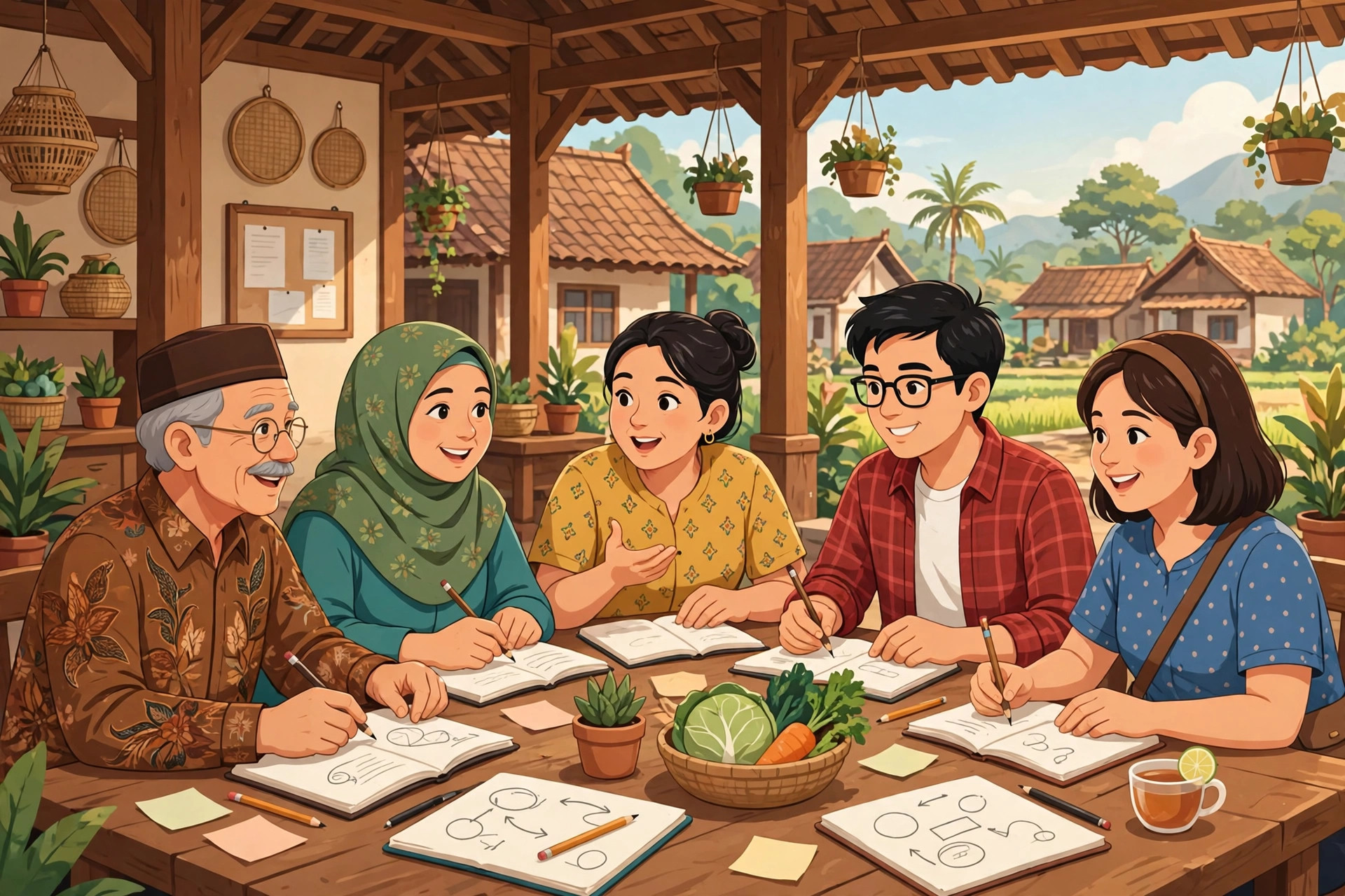 Ilustrasi warga desa bermusyawarah merencanakan usaha BUMDes bersama