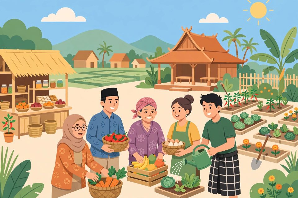 Ilustrasi warga desa bekerja sama mengelola usaha BUMDes