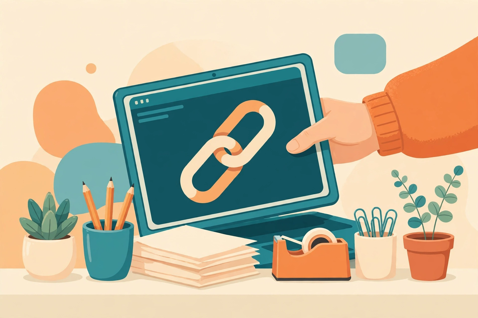 Ilustrasi laptop dengan simbol koneksi di meja kerja