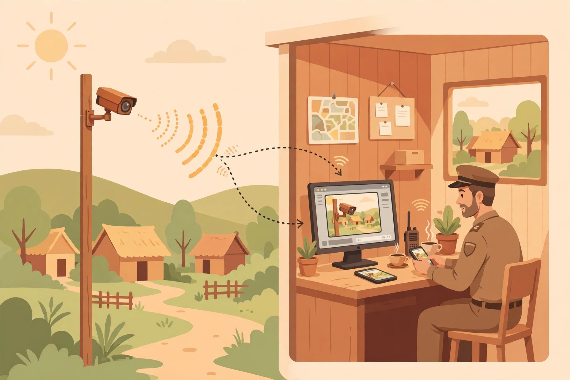 Ilustrasi cara kerja sistem CCTV desa dari kamera ke monitor dan ponsel