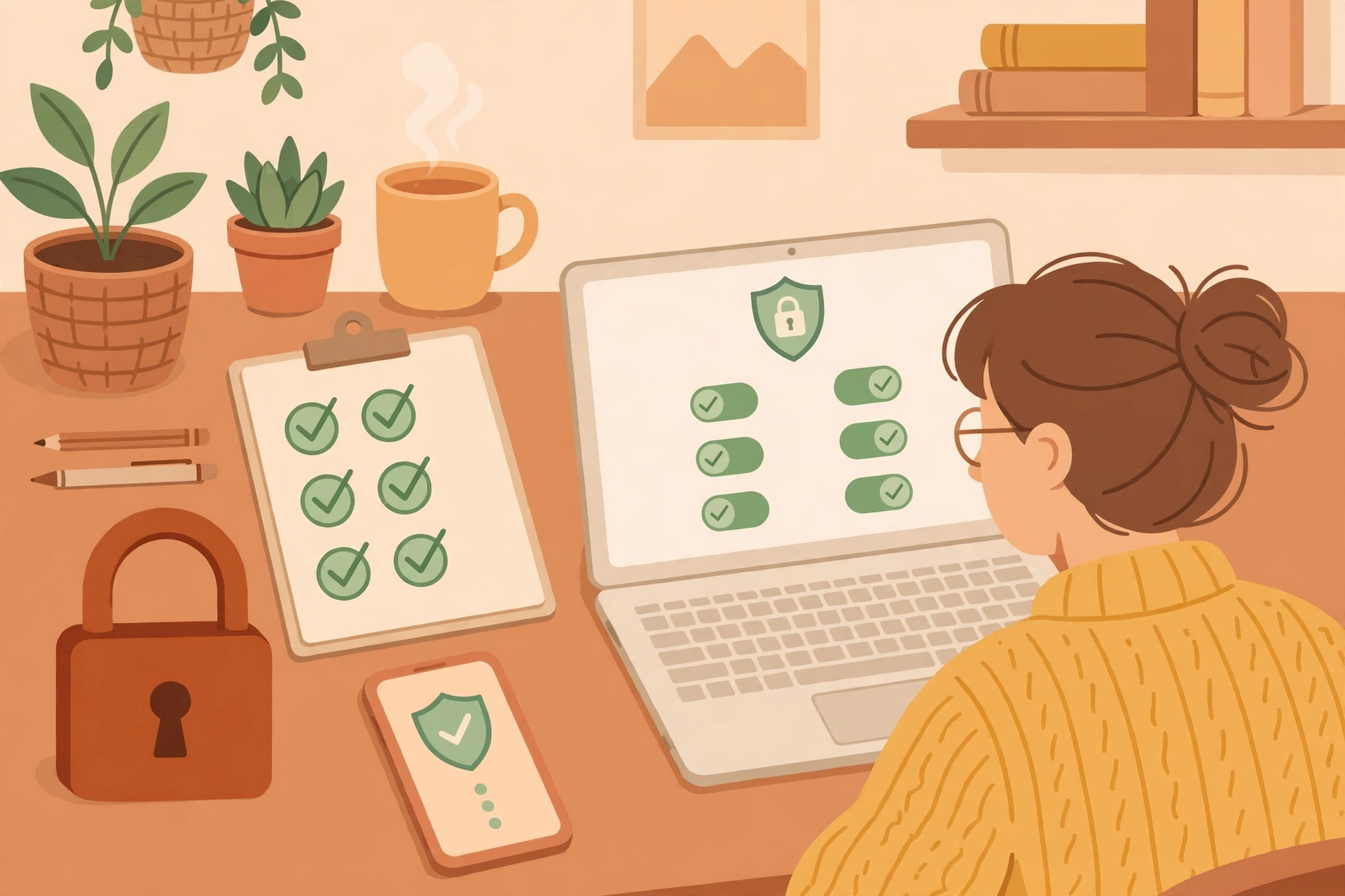Ilustrasi seseorang memeriksa pengaturan privasi di laptop dengan daftar periksa keamanan