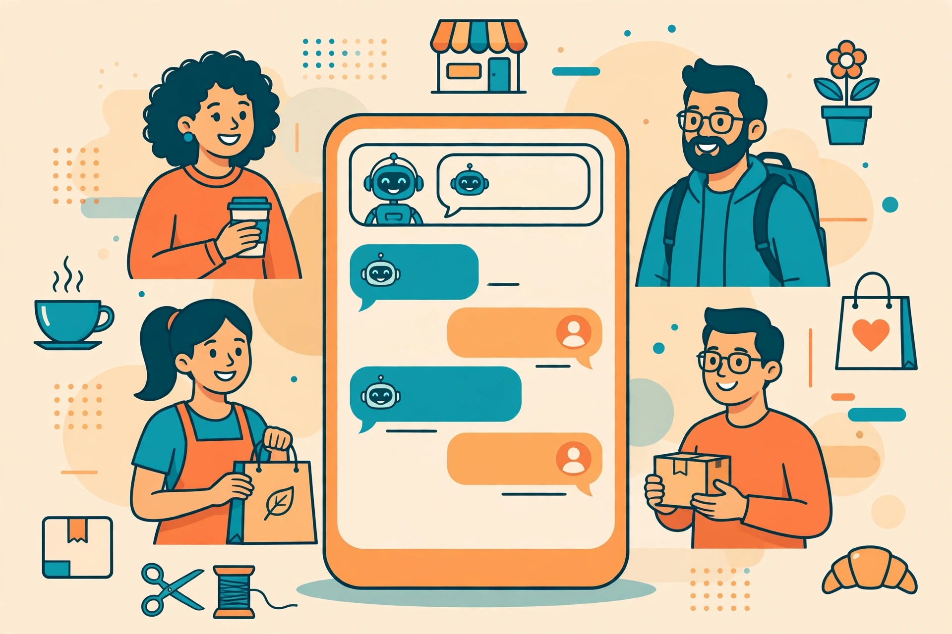 Ilustrasi chatbot membantu pelanggan bisnis melalui smartphone