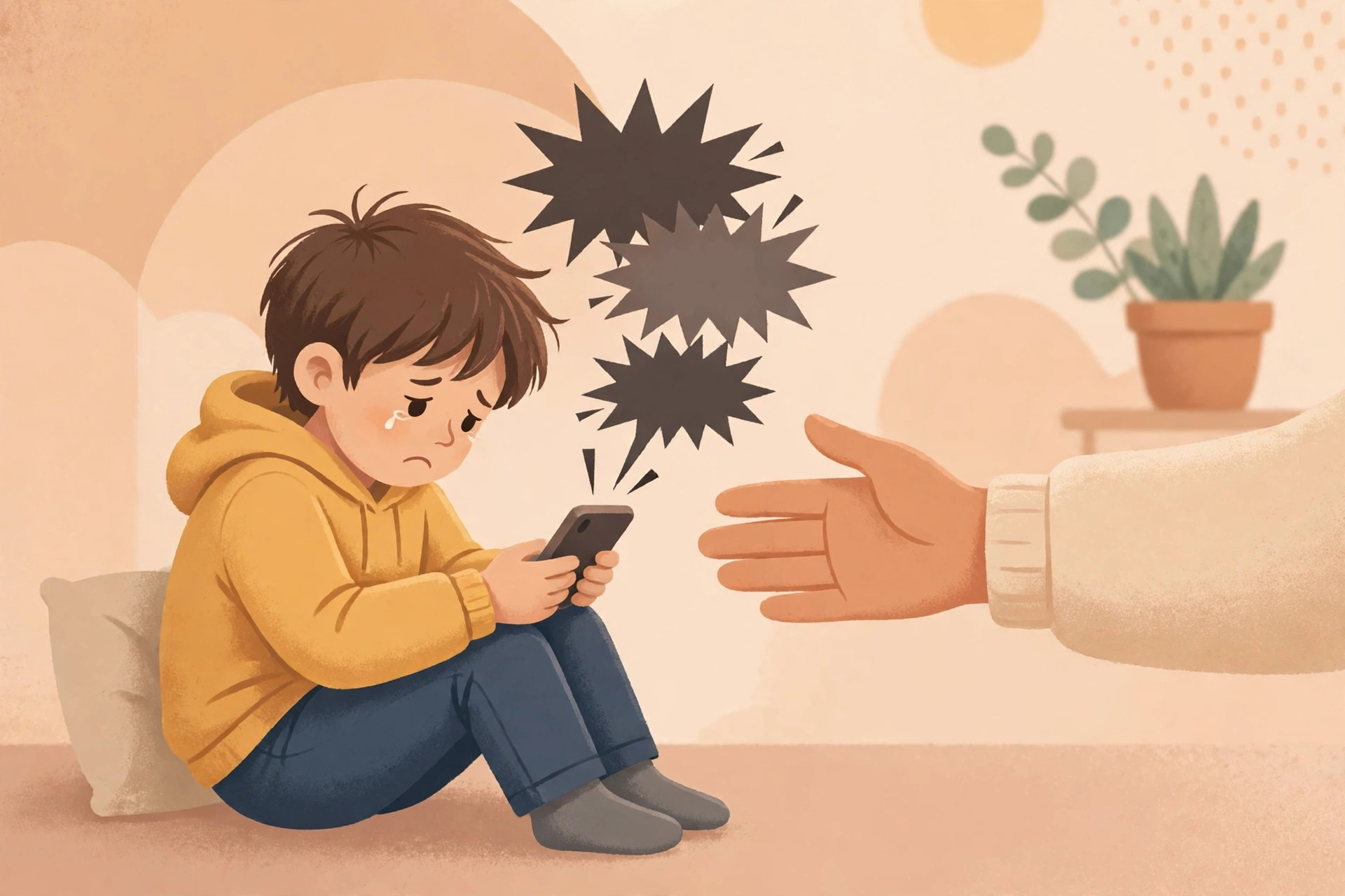 Anak yang sedih karena perundungan online didampingi orang dewasa