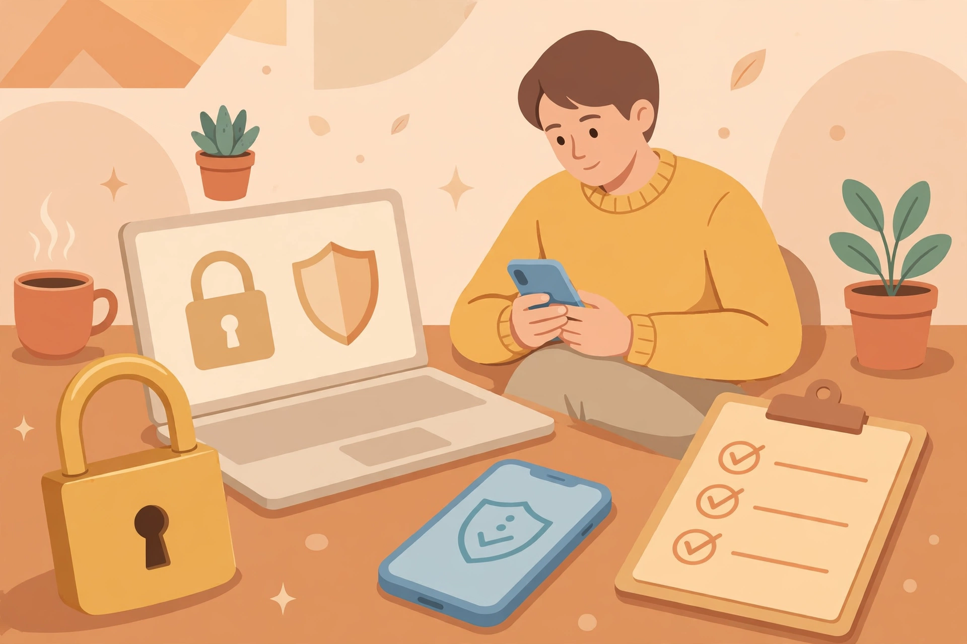Ilustrasi kebiasaan aman digital dengan gembok, verifikasi dua langkah, dan perangkat