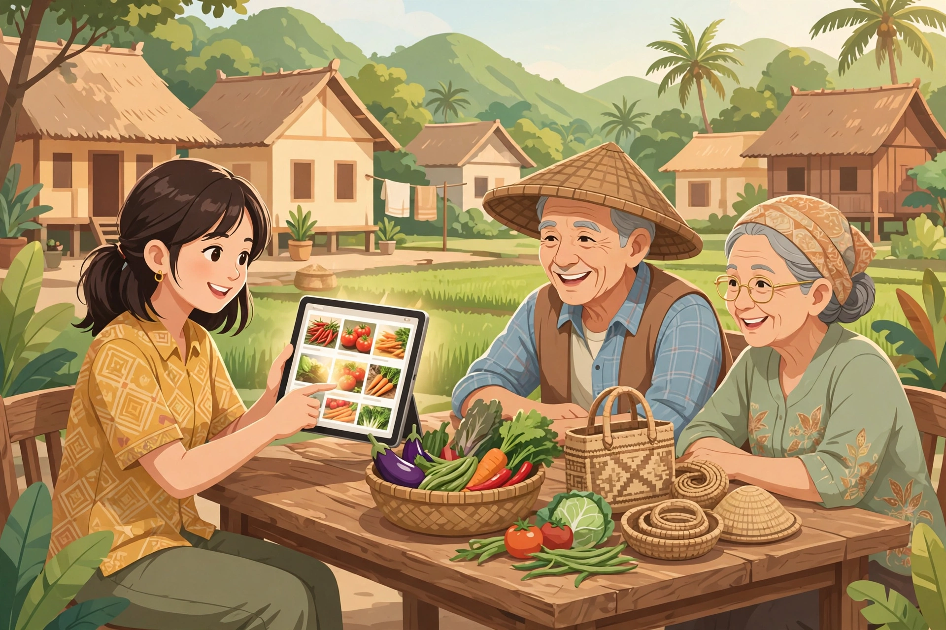 Warga desa belajar bersama memakai tablet untuk memasarkan hasil pertanian dan kerajinan