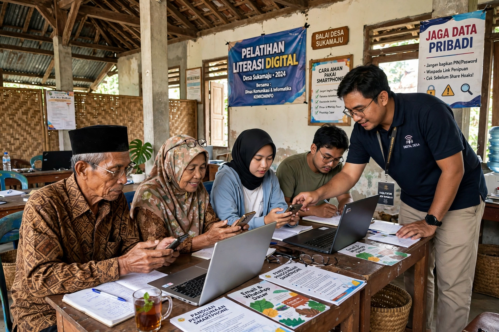 Pelatihan literasi digital di balai desa, warga belajar memakai ponsel dengan didampingi fasilitator