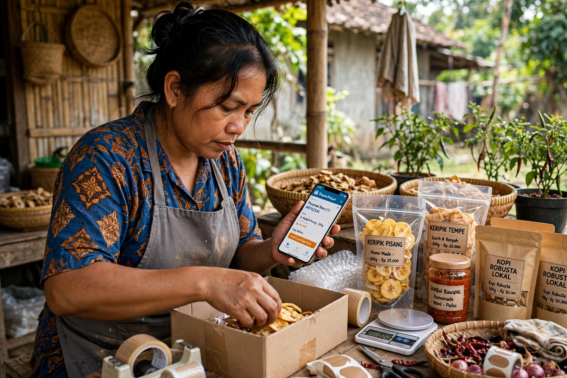 Pelaku UMKM desa mengemas produk lokal sambil memeriksa pesanan daring di ponsel