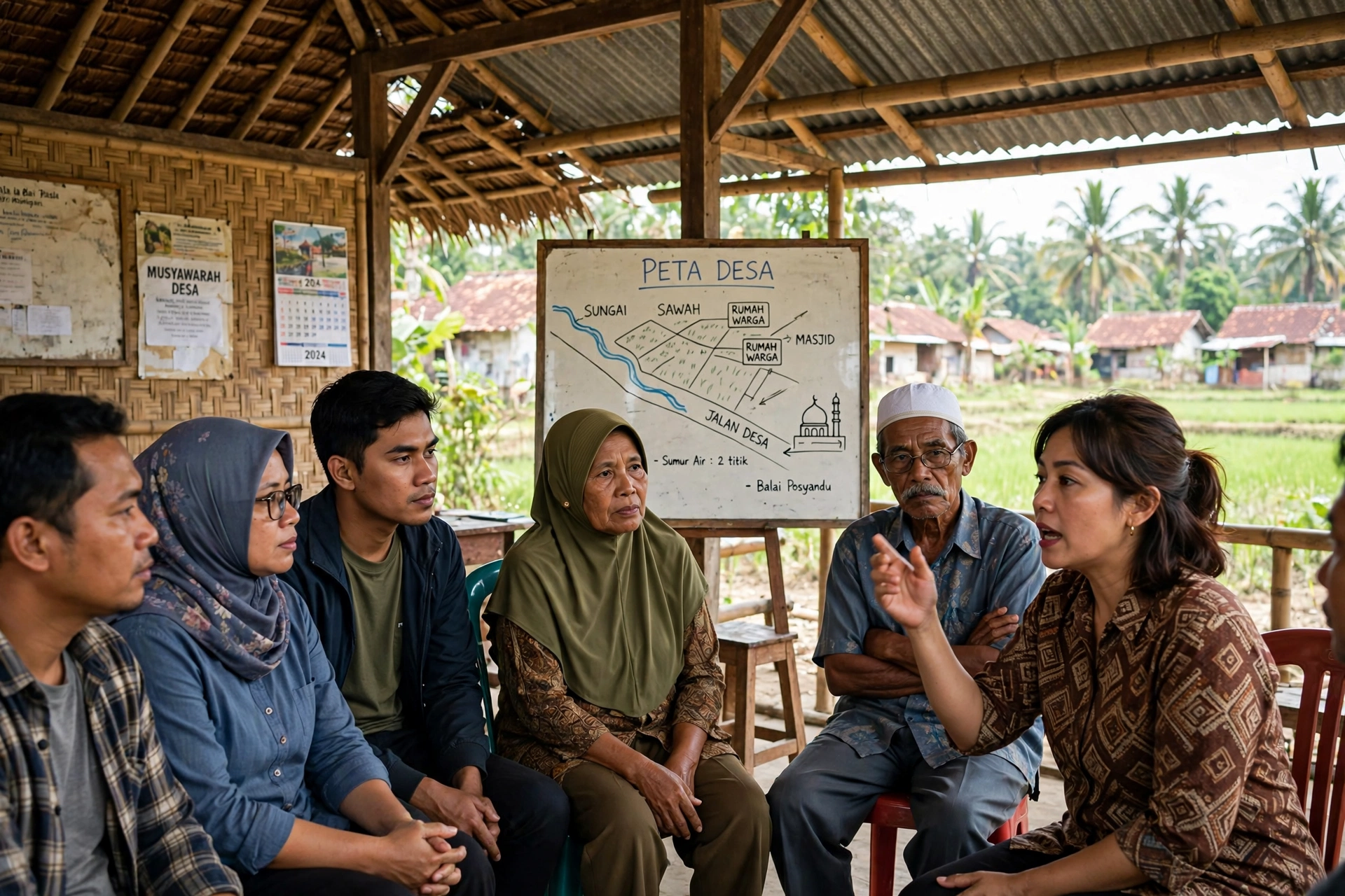 Musyawarah warga desa membahas peta desa di balai desa