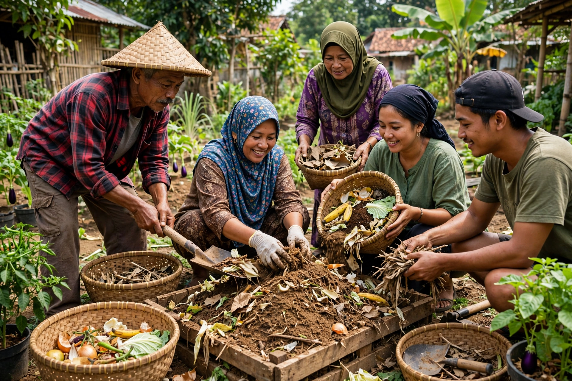 Warga desa membuat kompos bersama di kebun