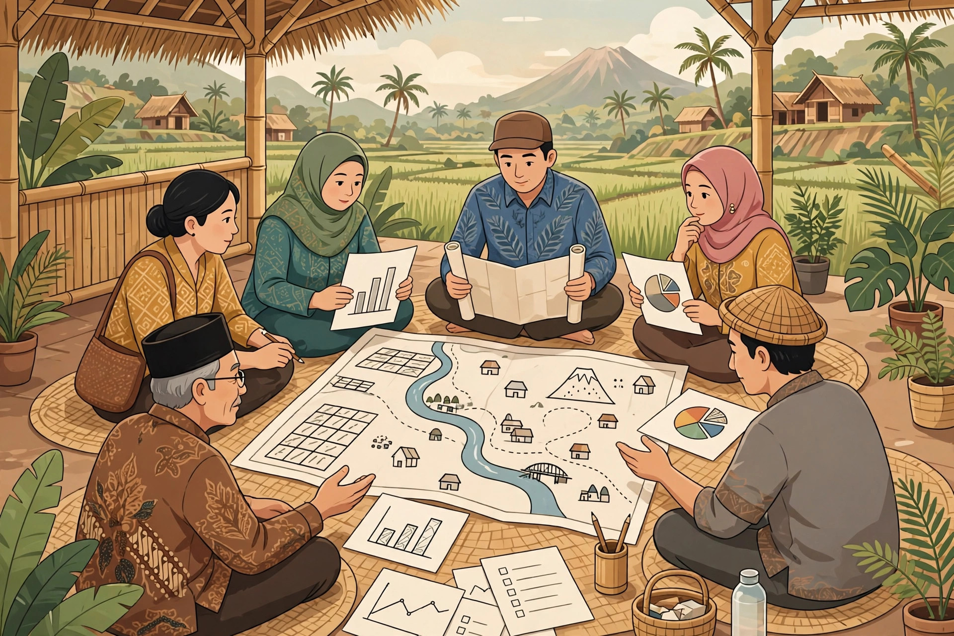 Warga desa bermusyawarah merencanakan pengelolaan desa wisata