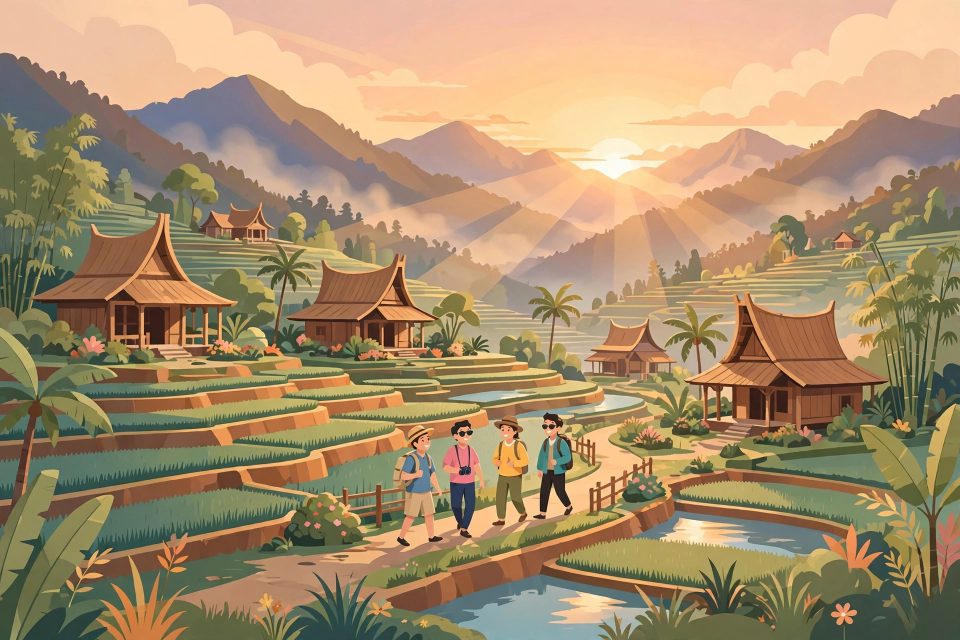 Ilustrasi desa wisata Indonesia dengan sawah terasering dan wisatawan