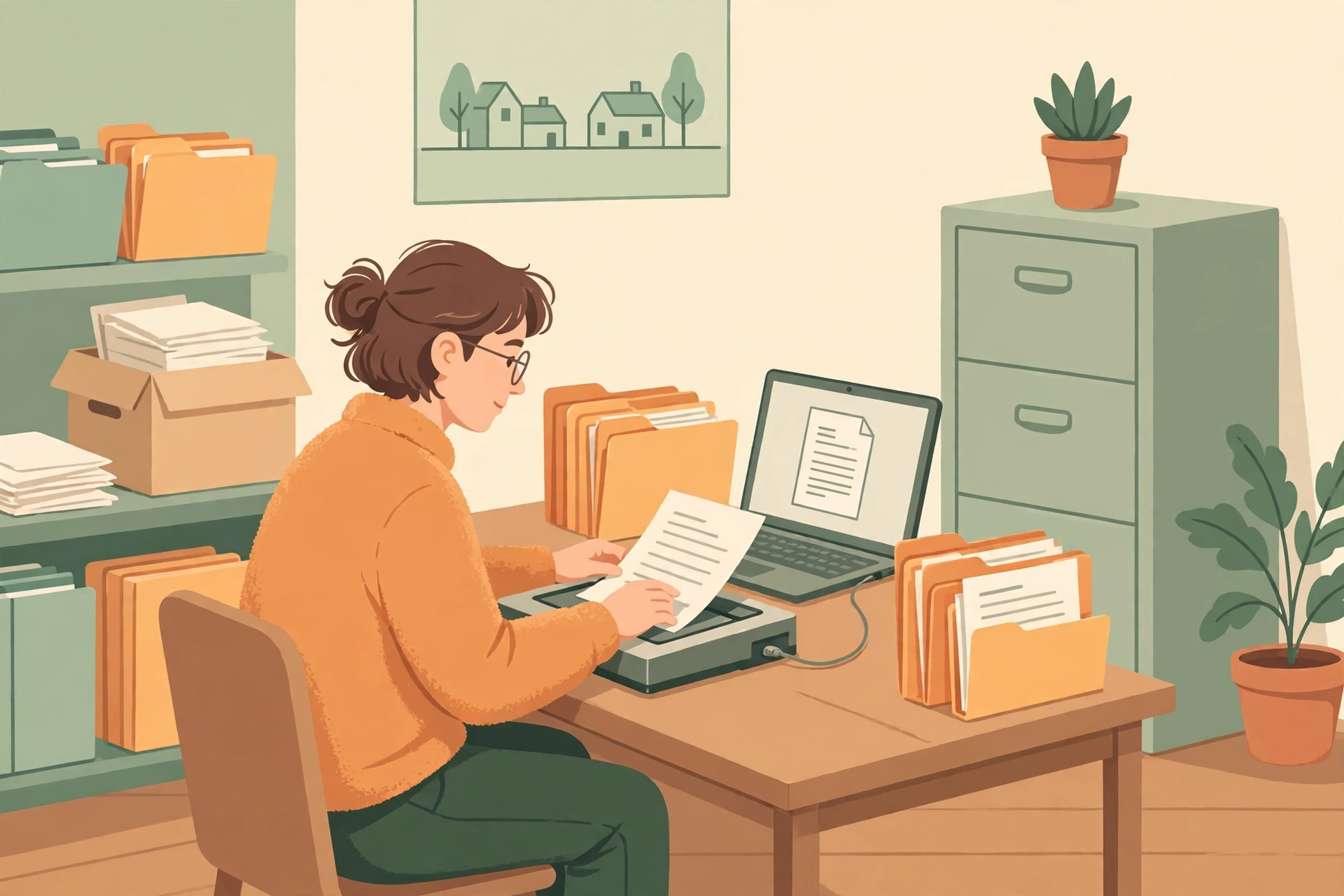Ilustrasi memindai dokumen arsip desa ke dalam laptop
