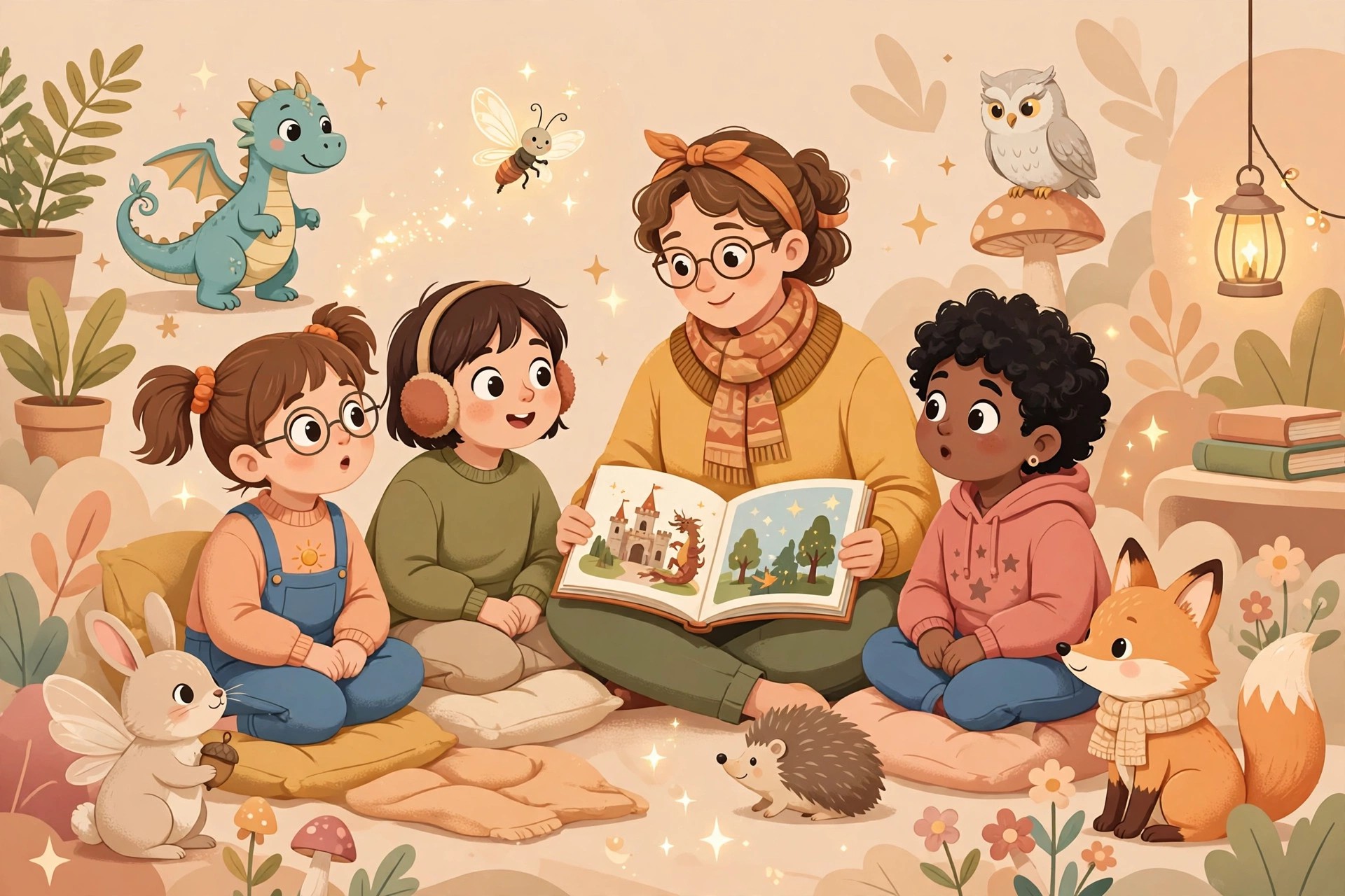 Anak-anak mendengarkan dongeng dari buku cerita bergambar