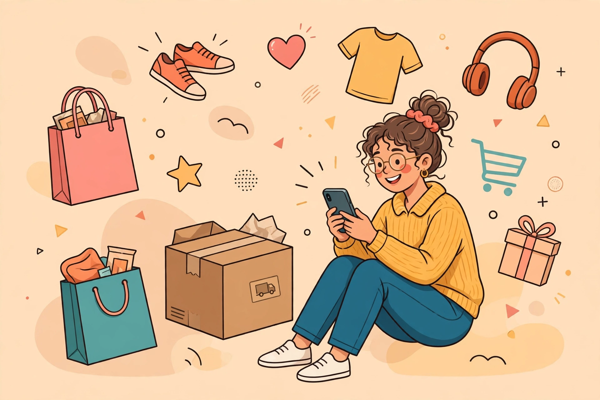 Ilustrasi pelanggan berbelanja online lewat ponsel dengan paket kiriman