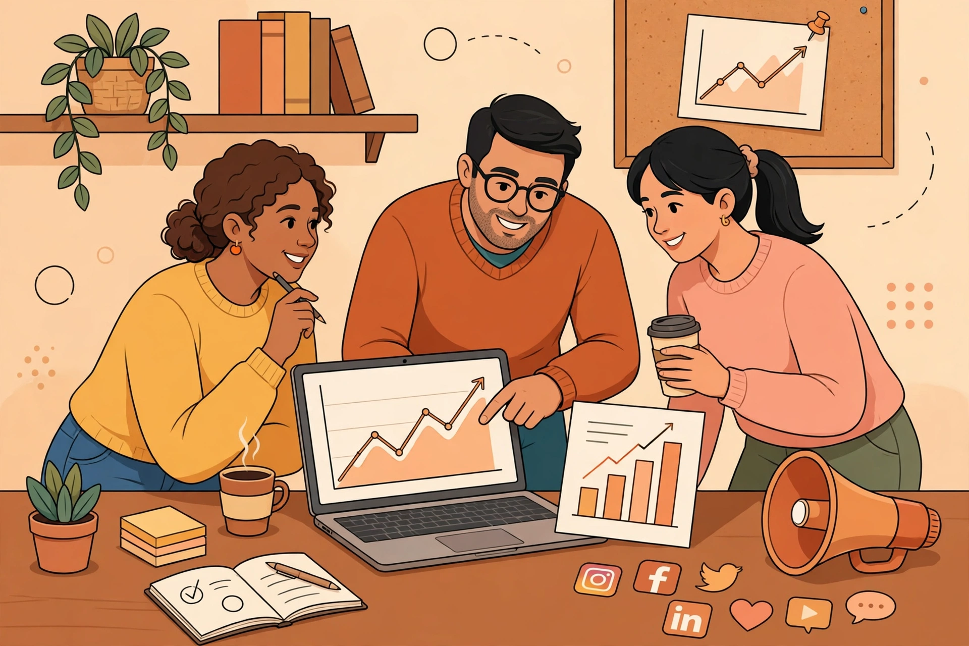 Ilustrasi tim usaha kecil merencanakan pemasaran online dengan grafik meningkat