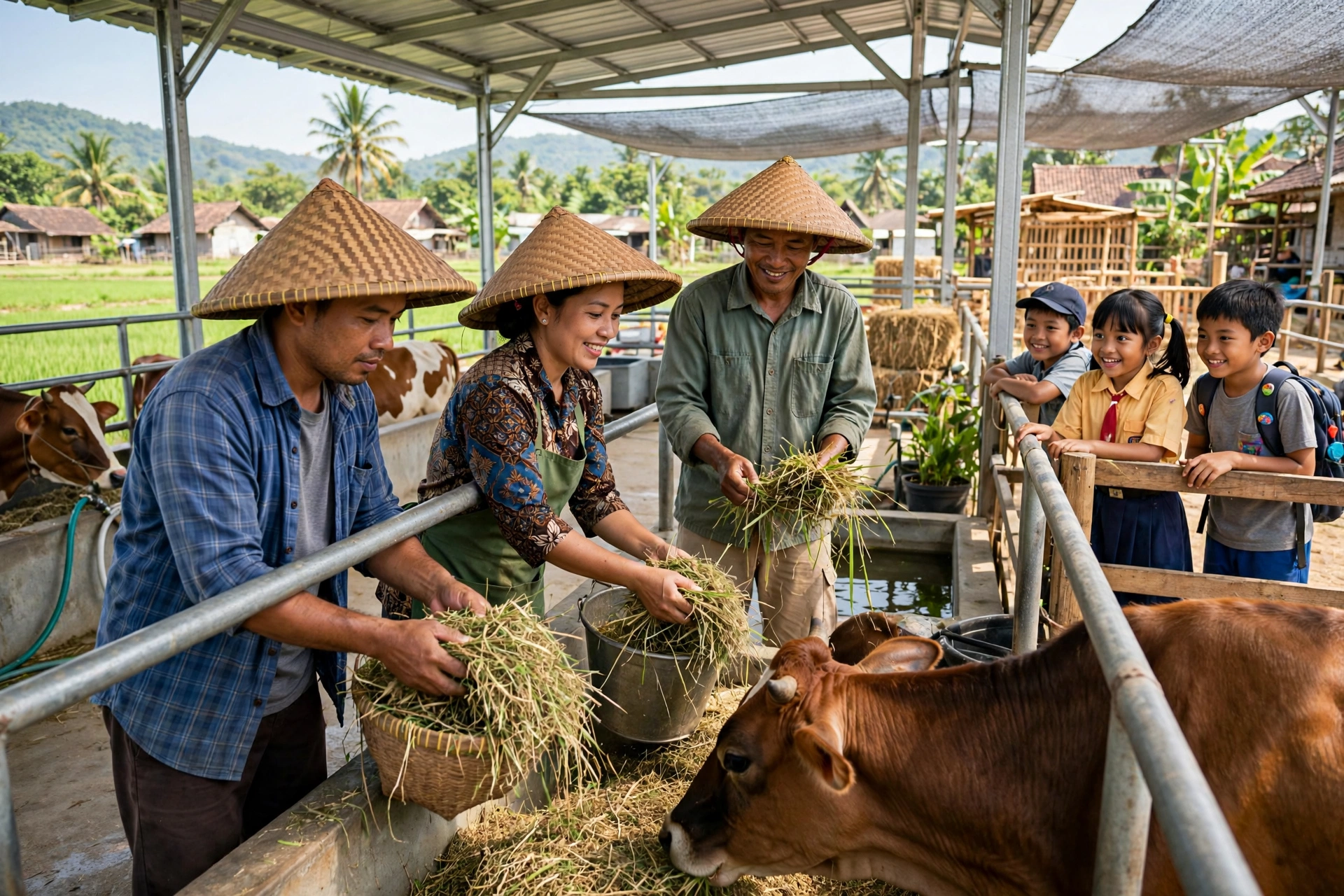 Petani mendampingi pengunjung berlatih di kandang desa