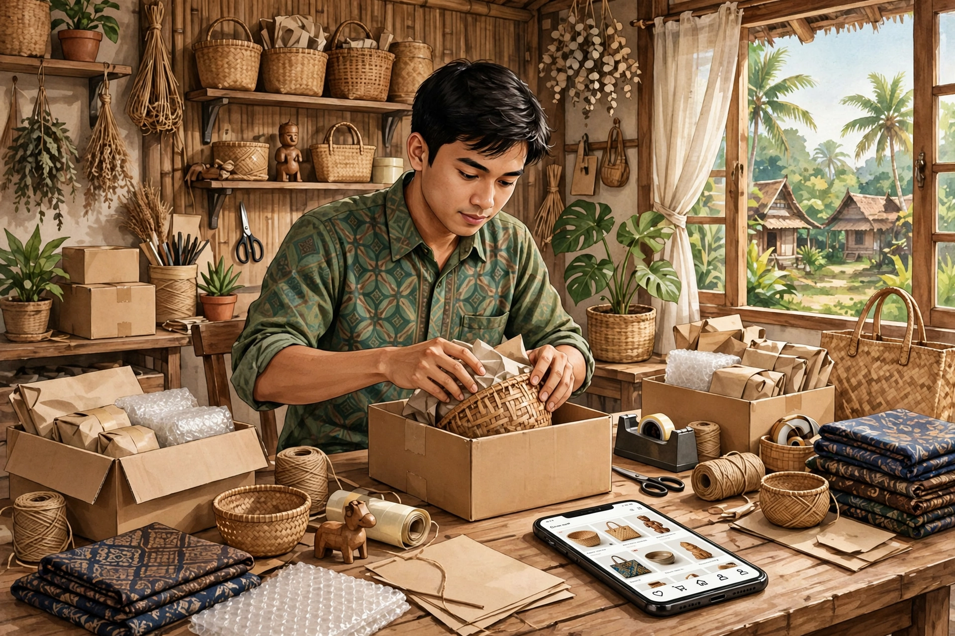 Pelaku UMKM desa menyiapkan produk lokal untuk dijual secara daring