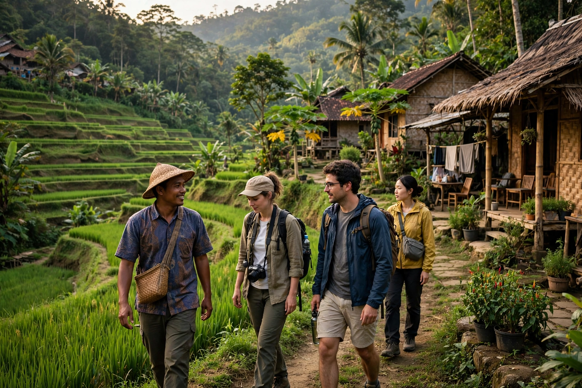 Wisatawan berkunjung ke desa dengan pemandangan sawah