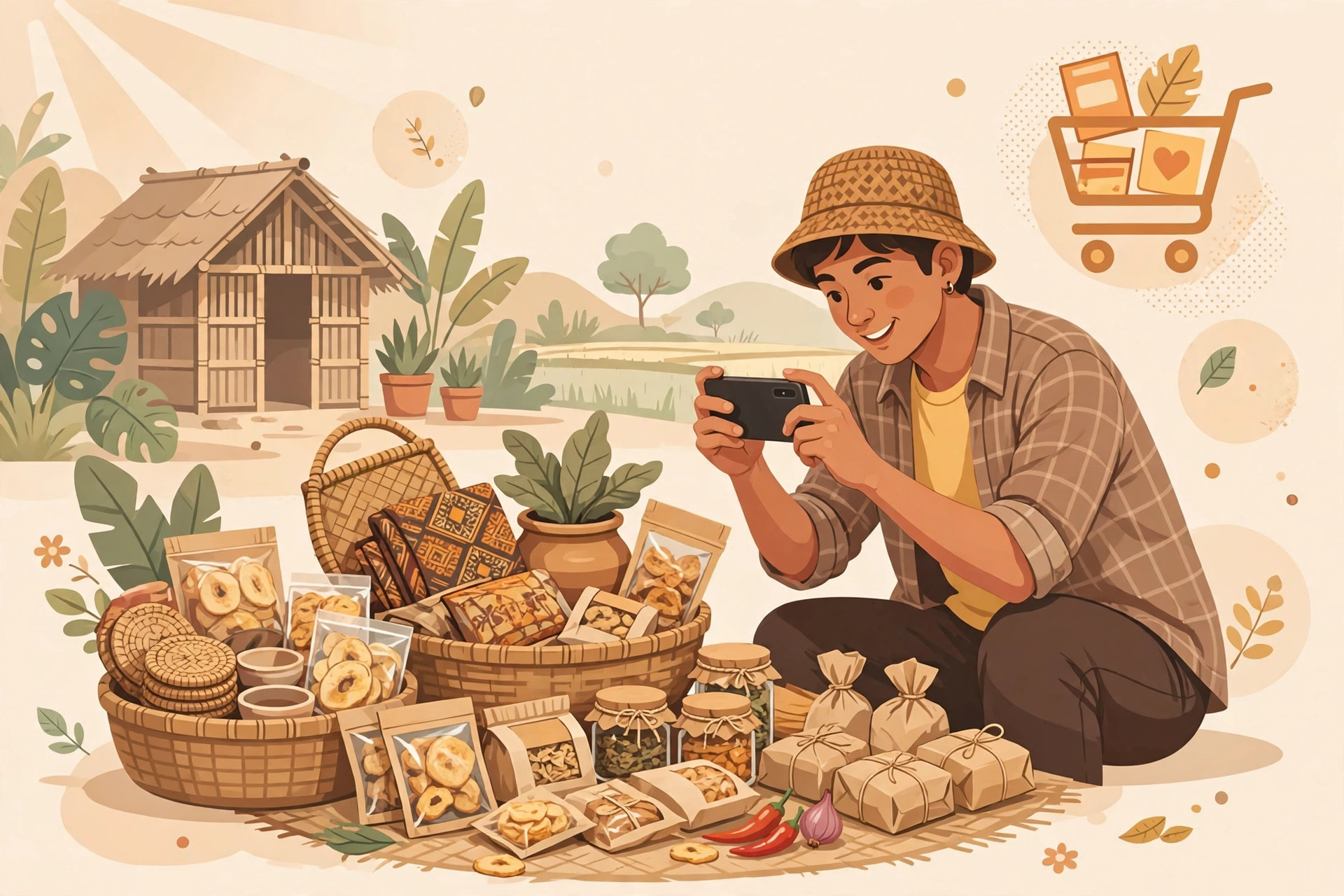 Pelaku UMKM desa memotret produk lokal untuk dijual lewat toko online