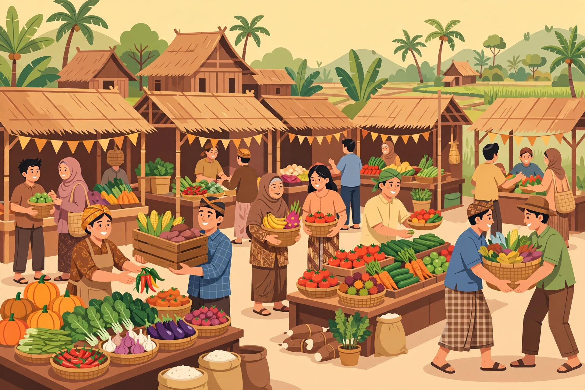 Ilustrasi pasar desa Indonesia yang ramai dengan hasil pertanian segar